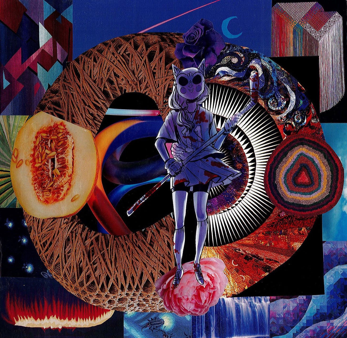 A girl in anime style wearing a cat mask and holding a bloody hockey stick. She is in front of an abstract portal shape and surrounded by collaged pieces representing the 4 elements in each corner.
