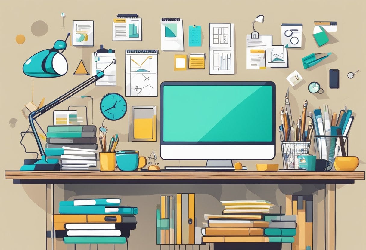 A clutter-free desk with a focused individual surrounded by supportive tools and resources to help achieve their goals