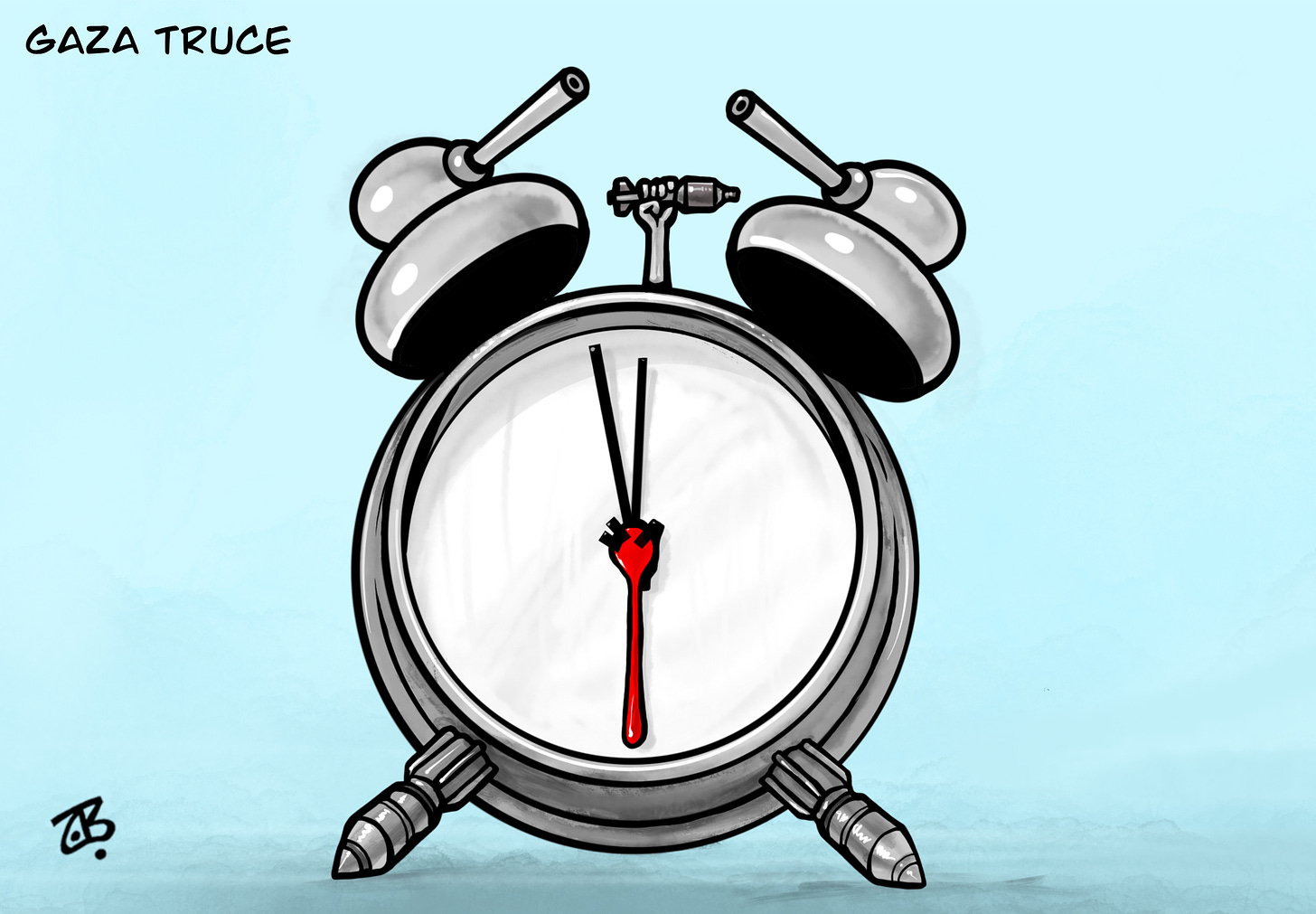 Cartoon showing an old-fashioned alarm clock with the caption 'Gaza truce' above it. The bells of the alarm clock are tanks while the dials are fingers making a peace sign with a drop of blood running between them. The feet of the clock are bombs.