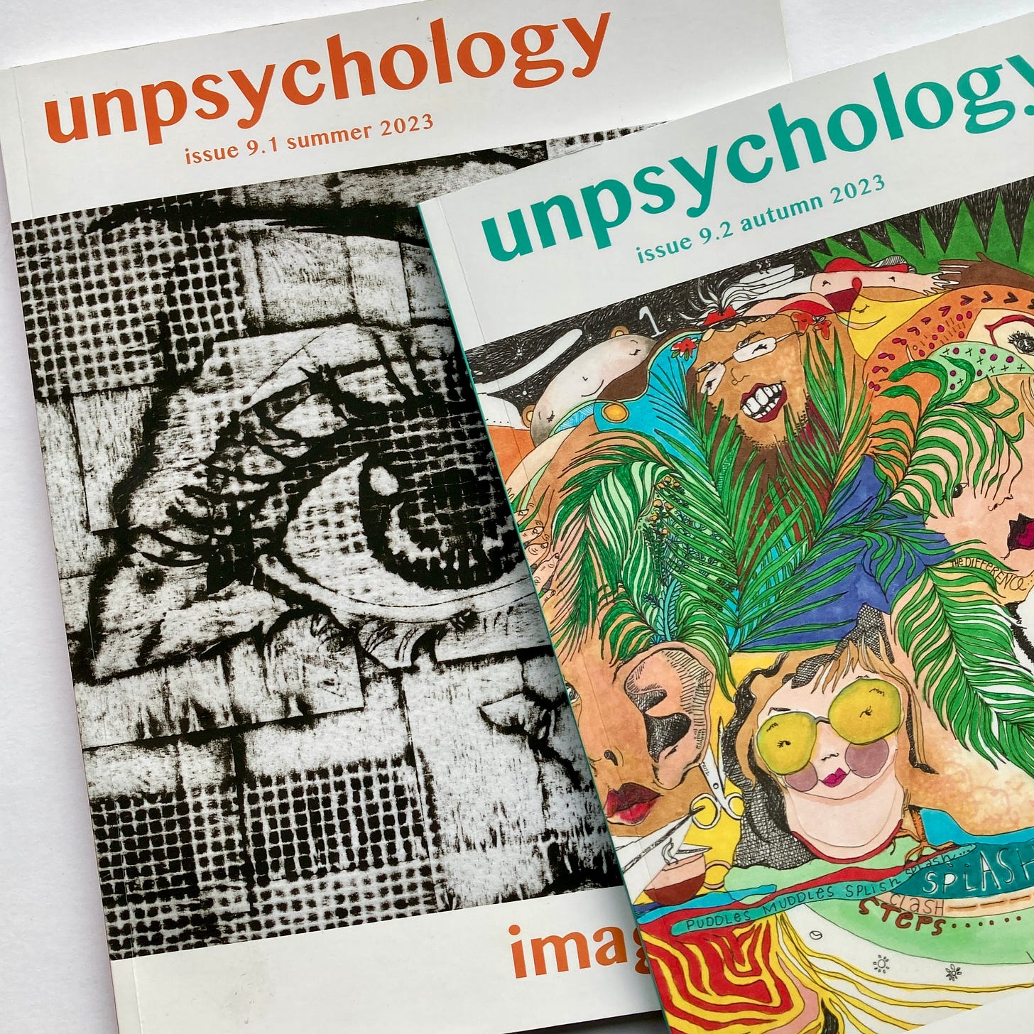 The grid shows images from the second Imaginings edition of Unpsychology Magazine, together with the two 2023 editions displayed side by side.