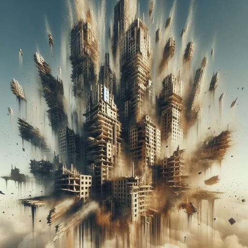 Towering structures crumbling down as they are being demolished in our mind