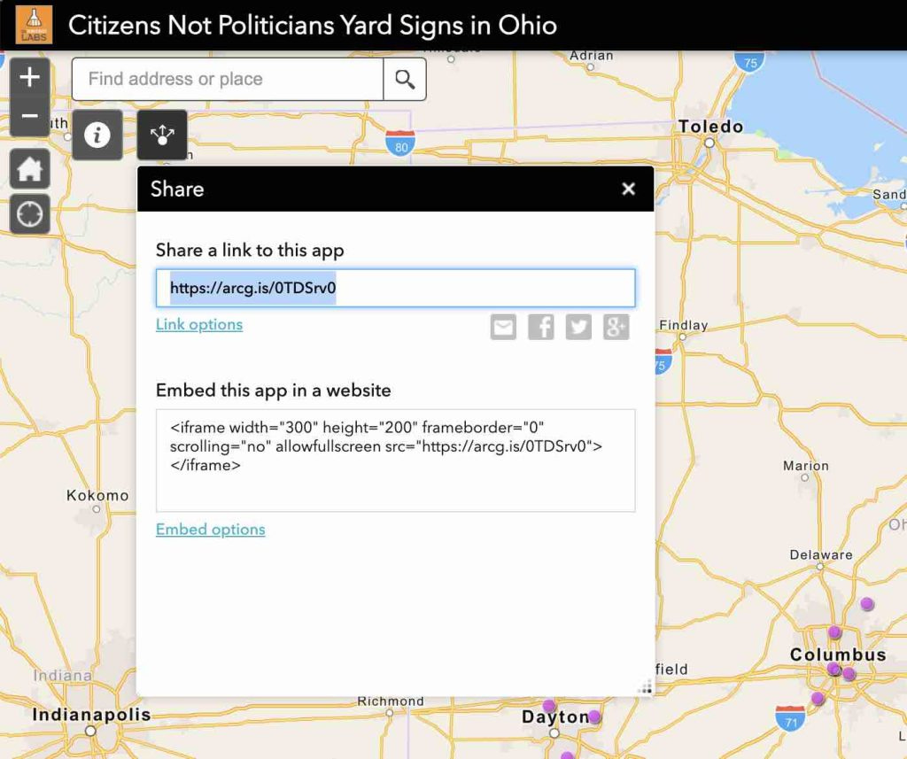 The SHARE icon makes it easy for voters to share the Yard Sign map with their friends. Partners can embed the map in their websites with the embed code.