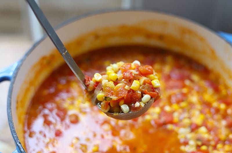 Tomato Corn Chowder with Bacon and Leeks, Cook the Vineyard