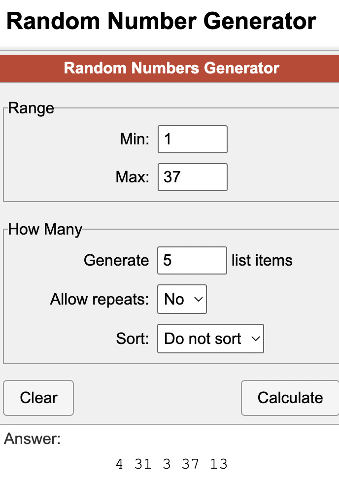 Screenshot of Random Number Generator selections