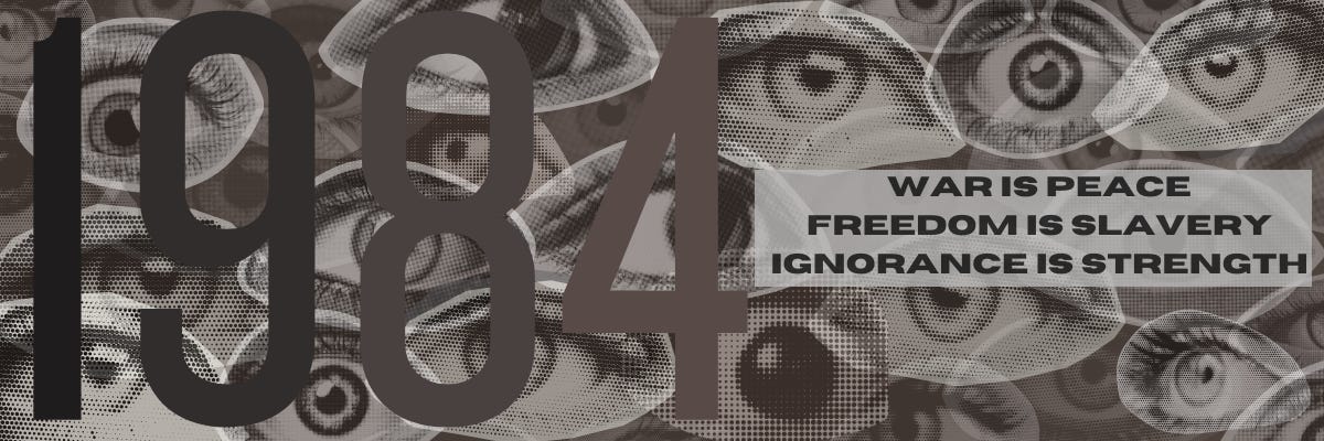 Background filled with eyes with "1984" overlaid