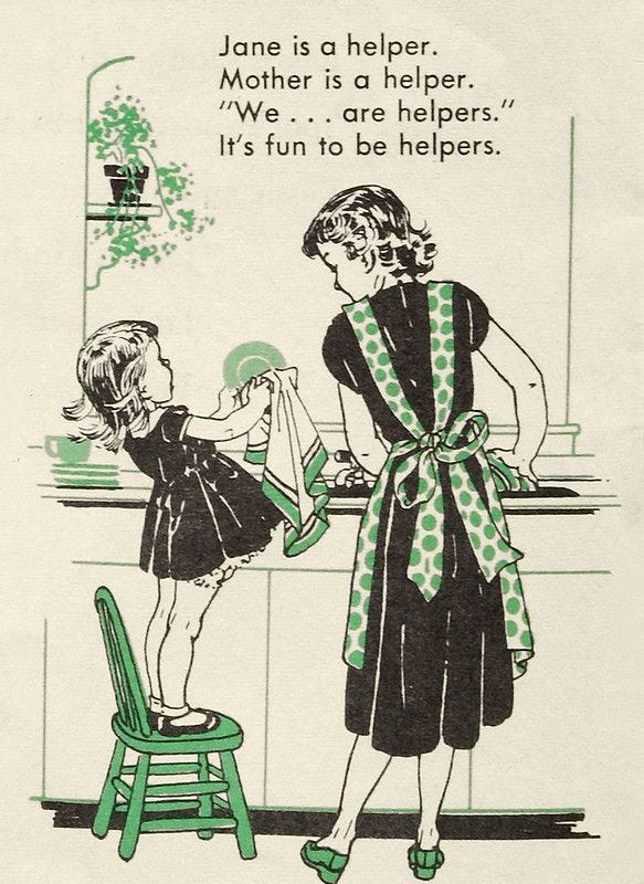 This may contain: an old advertisement from the 1950's shows a mother helping her child to brush her teeth