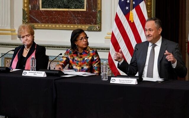 Second gentleman Douglas Emhoff (right) delivers remarks during a round table about the rise of antisemitism with White House Domestic Policy Advisor Susan Rice (center) and Special Envoy to Monitor and Combat Antisemitism Deborah Lipstadt in Washington, DC, December 7, 2022. (Chip Somodevilla/Getty Images via JTA)