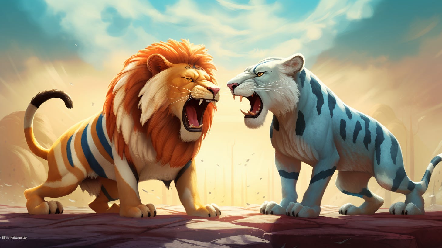 Imagen creada con Midjourney a partir de la descripción 'Un león y un tigre con los colores argentinos se pelean entre sí, una bandera argentina, animación de Disney'