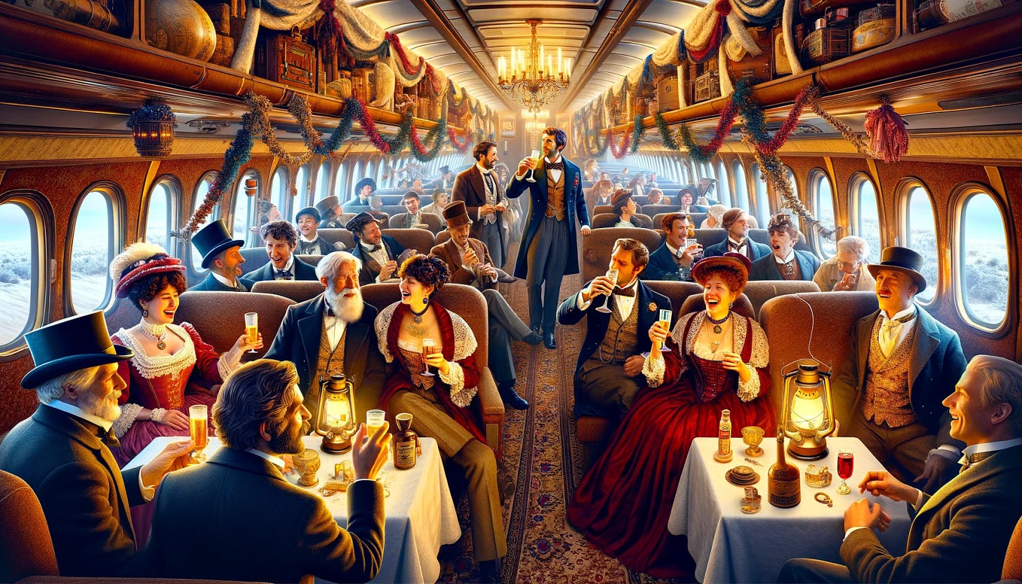 DALL·E 2024-03-18 13.24.39 - Visualize a Boeing 747, packed to the brim with Victorian-era individuals partaking in a spiri.webp