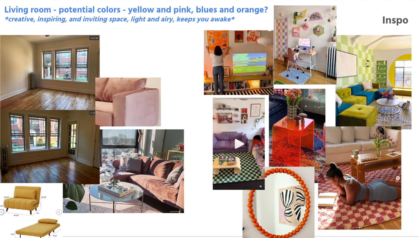 A mood board pulled from Google Slides that shows orange ansd lime green furniture like orange acrylic side tables, orange checkered rugs, and lime green checkered walls. There are also images of Nathalie's empty living room
