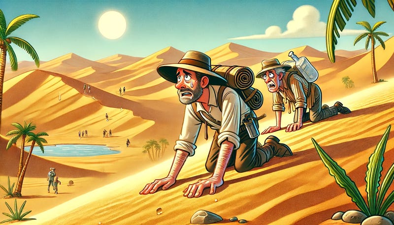 Two desperate voyagers crawl across a searing desert in search of an oasis. (Image generated by DALL·E, an AI by OpenAI.)
