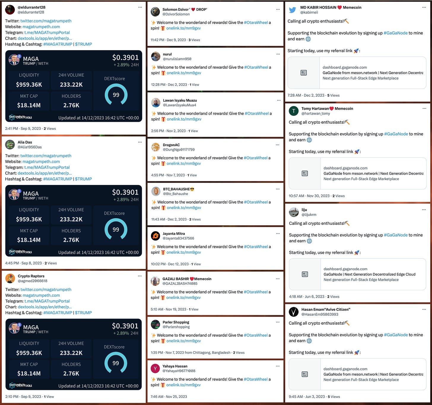 collage of screenshots of repeated posts from the spam accounts