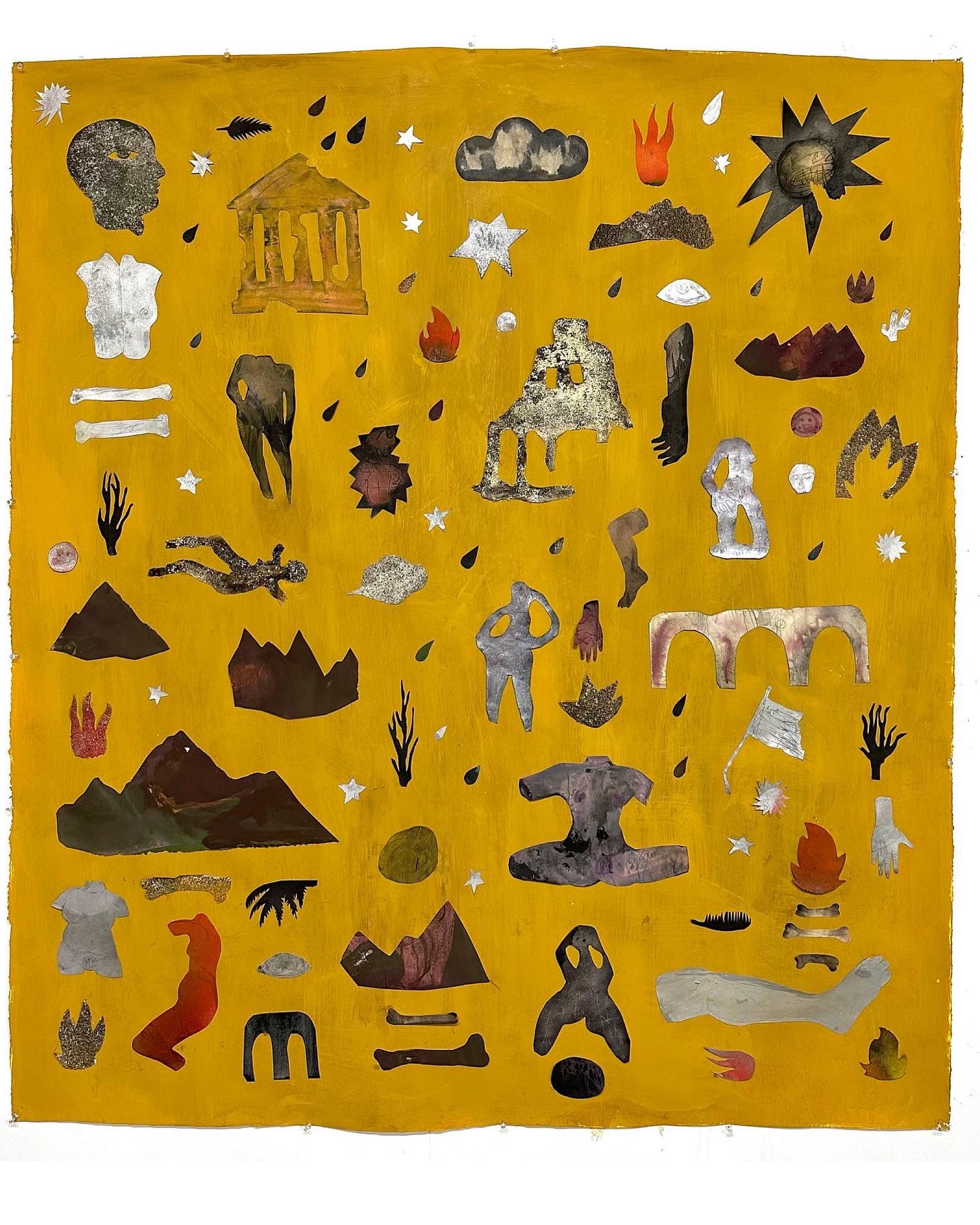 Artwork with a mustard-gold background covered in images of future relics in various shades of brown, gray, and red