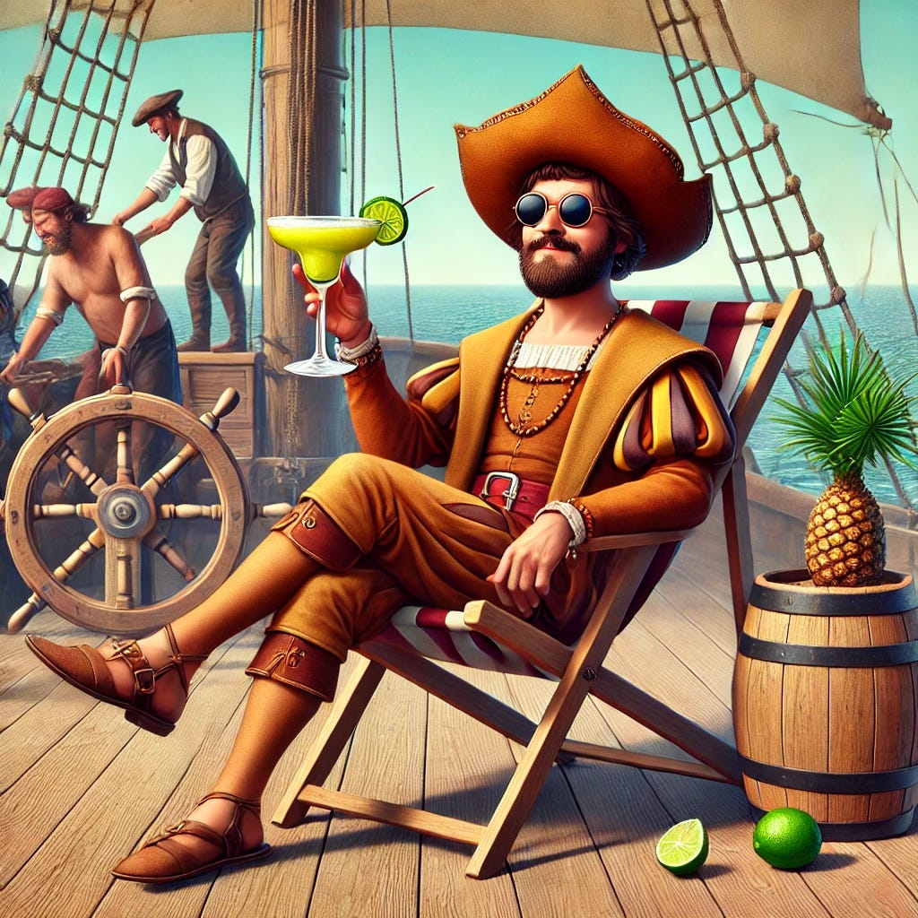 A funny scene of Christopher Columbus relaxing on the deck of a wooden ship, drinking a margarita. He's dressed in his 15th-century explorer outfit, but with sunglasses on, and he’s holding a margarita glass with a lime slice on the rim. The ship's crew is working in the background while Columbus lounges in a deck chair, looking carefree. There’s a small palm tree in a pot next to him, adding to the tropical vacation vibe. The ocean around the ship is calm, and the sky is bright and sunny.