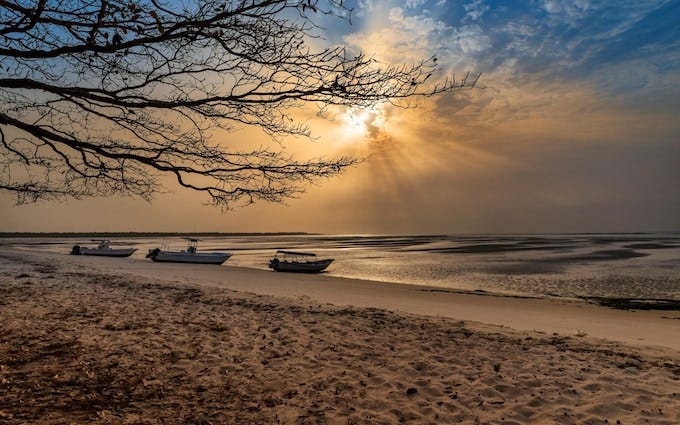 Deserted beach on the island of Orango at sunset, in Guinea Bissau. Orango is part of the Bissagos archipelago