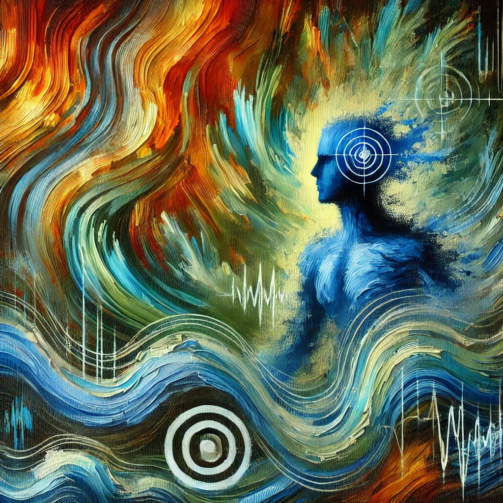 An abstract oil painting with thick, expressive brushstrokes, focusing on electromagnetic fields (EMF) and their impact on human health. The composition features swirling waves of energy in electric blues, neon greens, and fiery oranges, symbolizing EMF radiation permeating the environment. A faint human figure, partially fragmented or distorted by these waves, represents sensitivity to electromagnetic exposure. The contrast between organic, flowing shapes and rigid, geometric forms highlights the clash between natural biological energy and artificial frequencies. The painting evokes both tension and awareness, capturing the unseen forces shaping modern life.