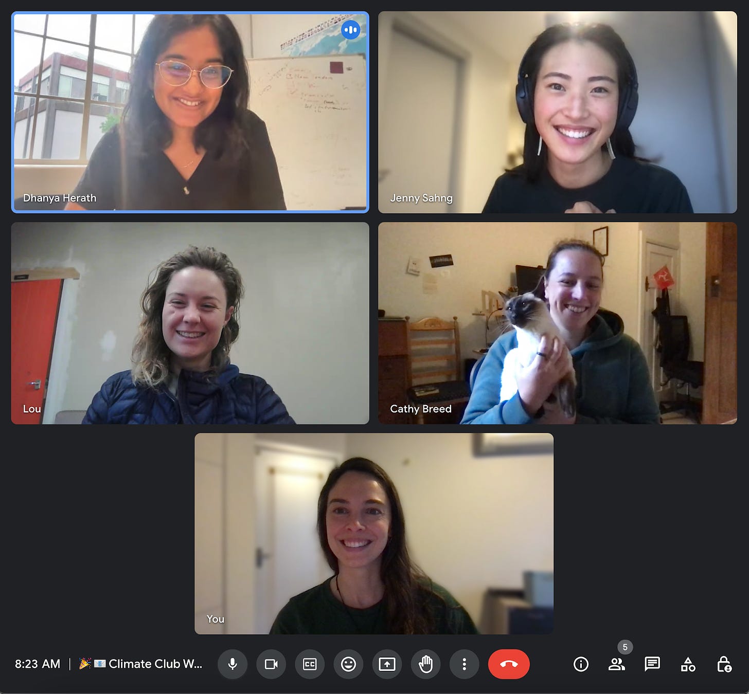 A screenshot of a Google Meet with 5 smiley faces, plus a cat.