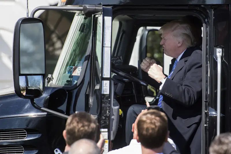 Donald Trump, loving sitting in a truck as much as any toddler would.