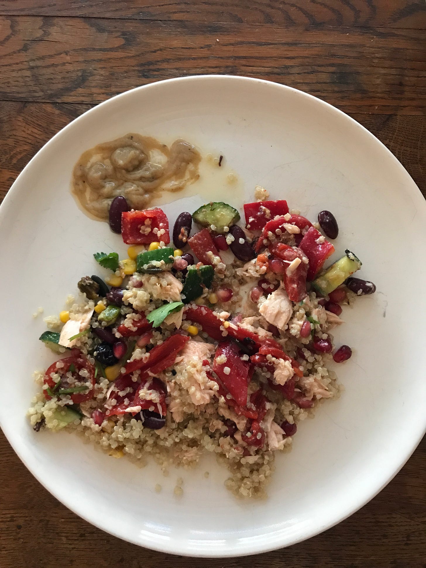 Bean salad, salmon, tahini dressing, pomegranate meal Bean salad, salmon, tahini dressing, pomegranate meal
