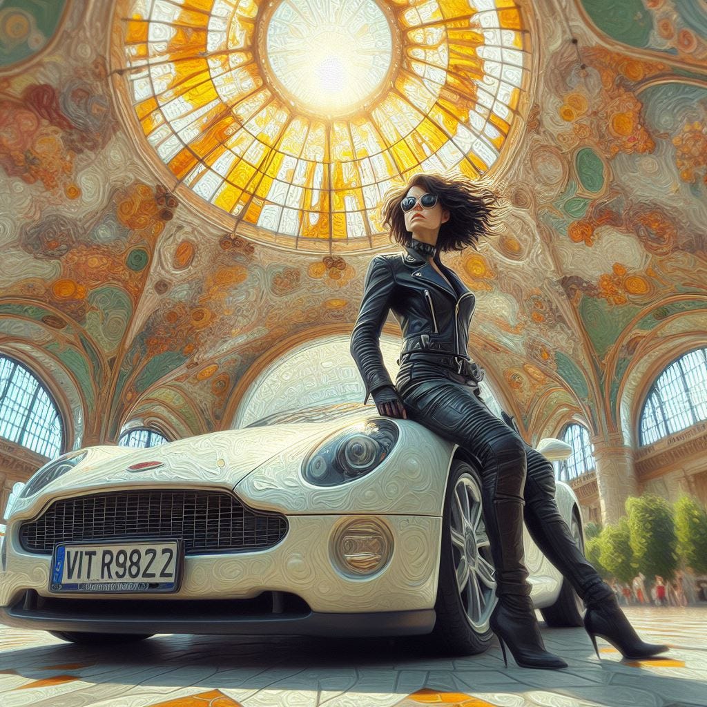chunky oil painting with chunky paint scraper paint. Hyper realistic; tilt shift; Lensbaby Effect: middle aged dark haired woman black and brown leather motorcycle outfit. short hair blowing.standing next to  ivory sportscar.coral Quatrefoil:cream Gothic Tracery:Louver yellow/chartreuse decorative ceiling tiles.Hundertwasserhaus, Vienna, Austria: .• Grand Central Terminal, New York City, USA. Crystal sky. sunny sky, fluffy clouds. Vast distance. sunshower. radiant