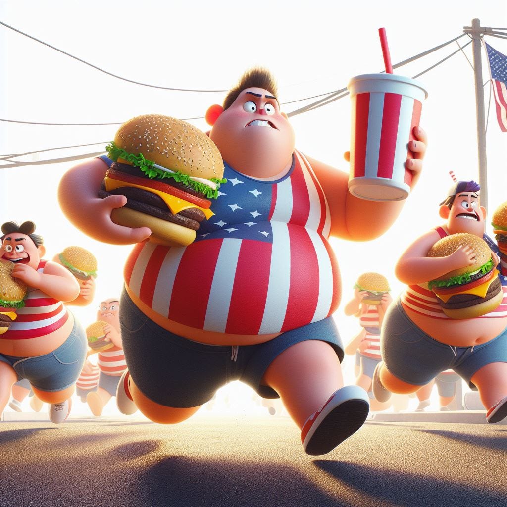 fat americans running while holding cheeseburgers and extra large sodas pixar style