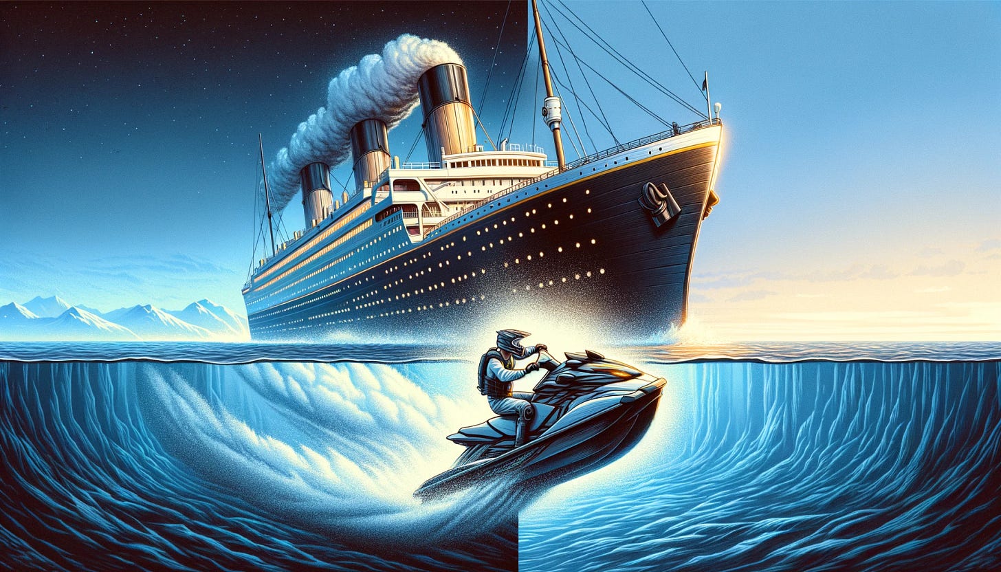 Create an image showcasing a jetski racing against the Titanic. On the left, depict a modern jetski, ridden by a person in a racing pose, creating a splash as it speeds through the water. On the right, illustrate the Titanic, massive and majestic, moving through the ocean with its iconic silhouette. The background should capture the vastness of the ocean, with the horizon line visible. This scene should capture the striking contrast between the small, agile jetski and the grandeur of the historic Titanic.