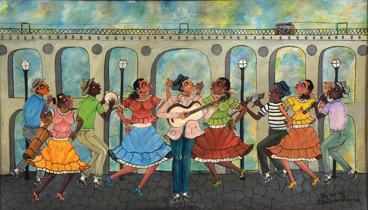 Pintura representando um grupo de foliões de Carnaval à moda antiga, na frente dos Arcos da Lapa, no Rio de Janeiro.