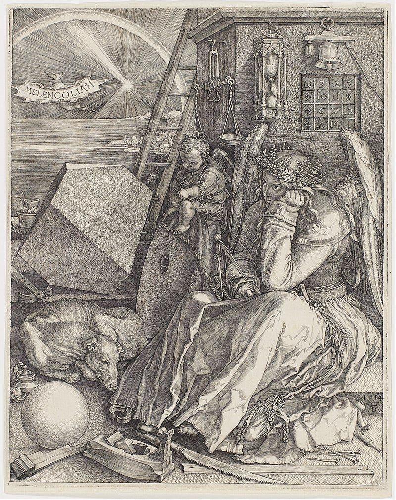 From the Wikipedia article on this image: "Melencolia I is a large 1514 engraving by the German Renaissance artist Albrecht Dürer. The print's central subject is an enigmatic and gloomy winged female figure thought to be a personification of melancholia – melancholy. Holding her head in her hand, she stares past the busy scene in front of her. The area is strewn with symbols and tools associated with craft and carpentry, including an hourglass, weighing scales, a hand plane, a claw hammer, and a saw. Other objects relate to alchemy, geometry or numerology. Behind the figure is a structure with an embedded magic square, and a ladder leading beyond the frame. The sky contains a rainbow, a comet or planet, and a bat-like creature bearing the text that has become the print's title."