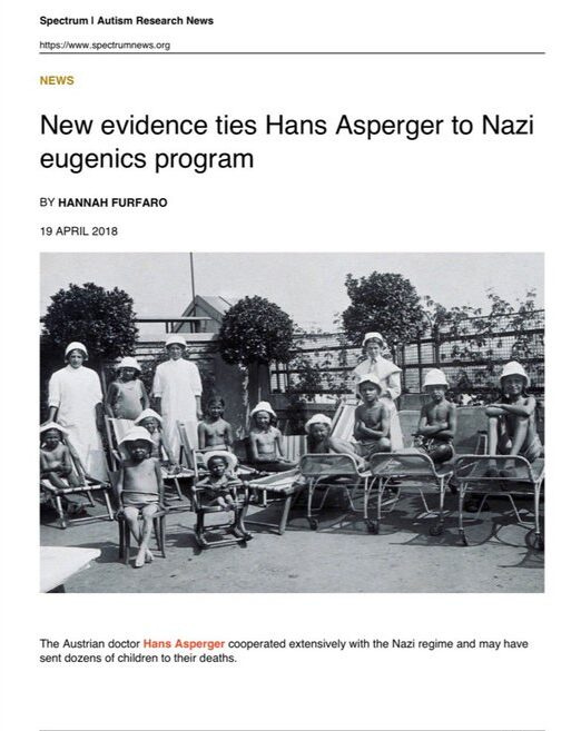 Historical photo of children with nurses and doctors, accompanying an article titled 'New evidence ties Hans Asperger to Nazi eugenics program' by Hannah Furfaro, dated April 19, 2018. Historical photo of children with nurses and doctors, accompanying an article titled 'New evidence ties Hans Asperger to Nazi eugenics program' by Hannah Furfaro, dated April 19, 2018.