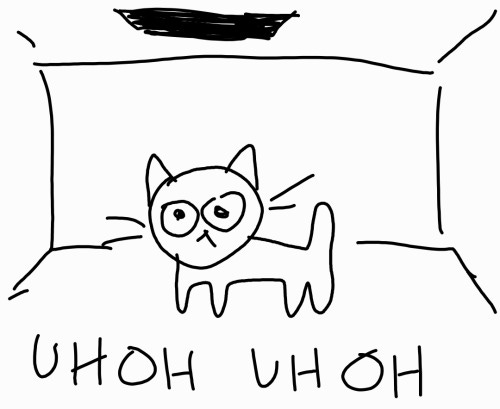 A doodle of a little cat with black ink on a white background. The cat is standing within a large rectangular cube. Beneath it is written the words: UHOH UHOH.