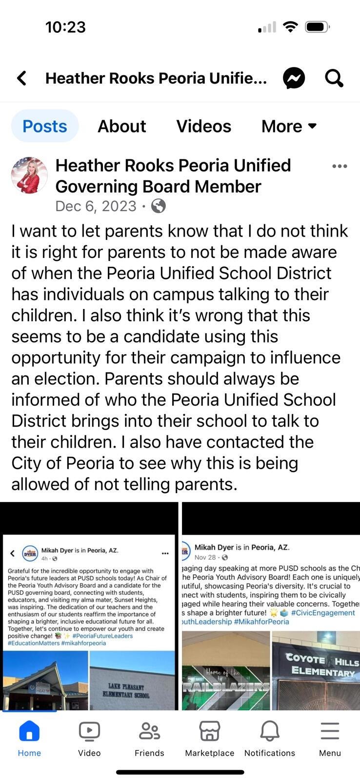 A social media post that uses extremely poor grammar to complain about a PUSD student being on campus and talking to children while running for school board. 