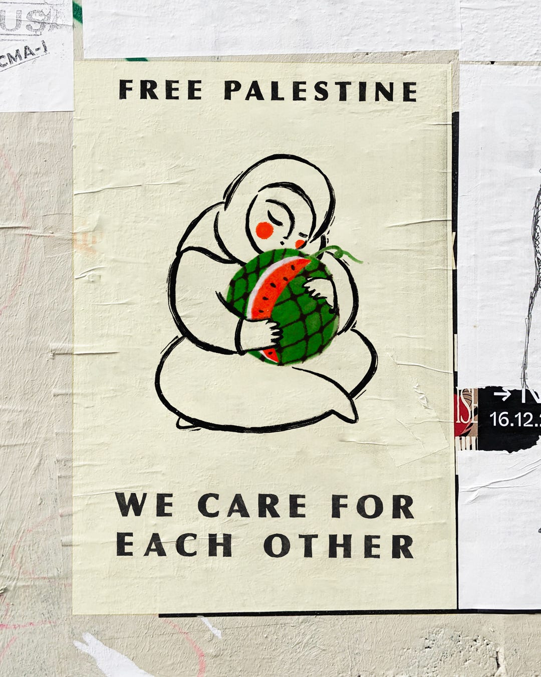 a mockup of a poster that reads "Free Palestine. We care for each other." In the center of the poster there is a girl cradling a watermelon with a keffiyeh pattern on it.