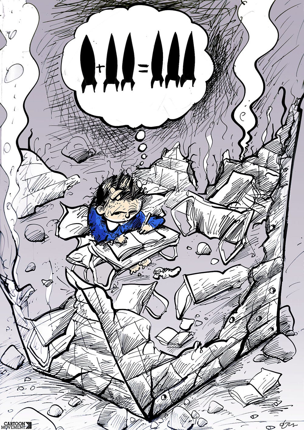 Cartoon showing a child sitting in the ruins of a bombed school reading a math book and doing an equation in his head. The thought bubble shows he is adding two bombs to one bomb, making a total of three bombs.