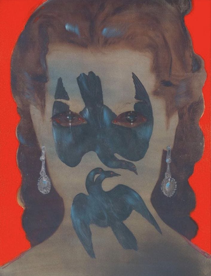 This may contain: a painting of a woman's face with birds painted on the side of her face