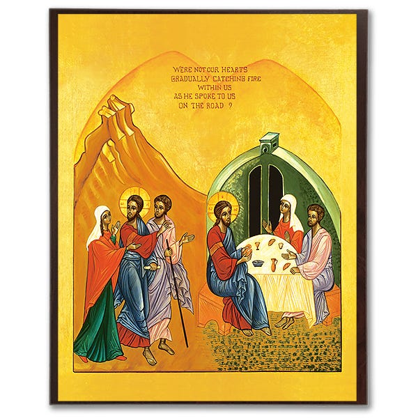 A traditional icon-style image of Jesus meeting two disciples on the road to Emmaus and then breaking bread wit them. The icon includes text reading "were not our hearts gradually catching fire within us as he spoke to us on the road?
