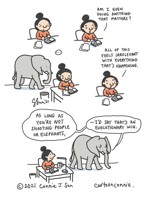 As Long As You're Not Shooting Elephant comic strip about gun violence in America, sketchbook drawing, illustration by Connie Sun, cartoonconnie