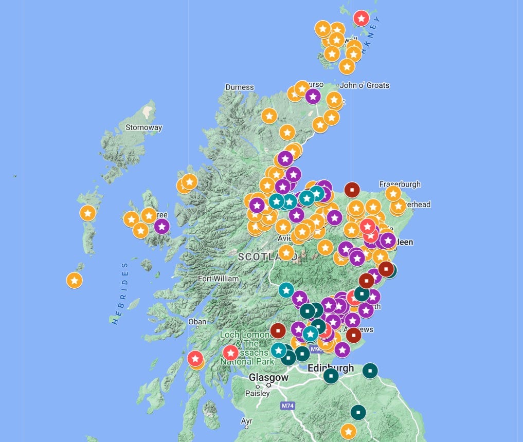 Map of Scotland showing original locations and findspots of Pictish stones, as well as place-names mentioned in the early sources