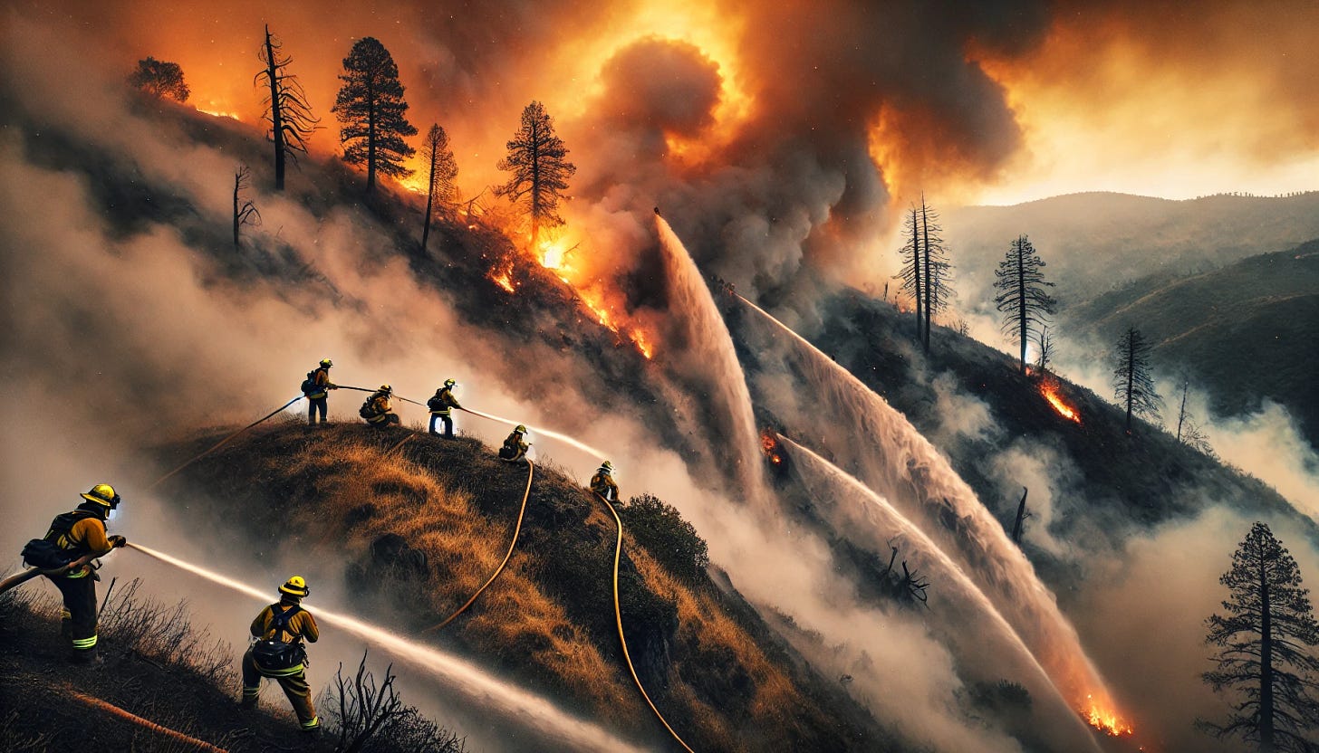 Firefighters battling intense flames on a steep California hillside engulfed in thick smoke. The scene is dramatic, with the sky tinted orange and ash falling, as multiple firefighters in full gear aim water hoses at the fire. The rugged terrain is dotted with charred trees, emphasizing the severity of the wildfire. A sense of urgency and determination is evident in their actions.