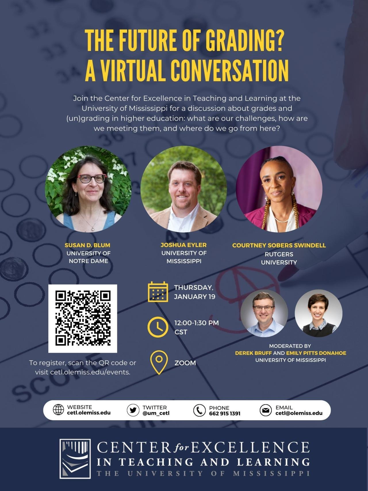 event flyer The Future of Grading? A Virtual Conversation. Panelists Susan Blum, Joshua Eyler, Courtney Sobers Swindell. Moderated by Derek Bruff & Emily Pitts Donahoe. Sponsored by CETL Uni of MI