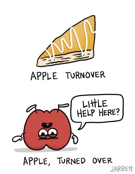 An apple turnover is labelled "APPLE TURNOVER." An apple unhappy and on it's head asks for a little help please. The apple is labelled "APPLE TURNED OVER"