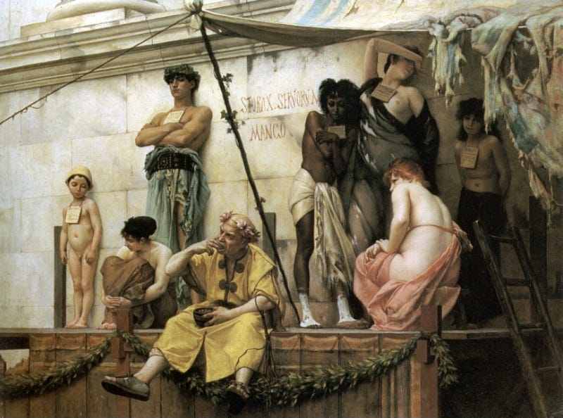 Painting of a Roman slave market. Public domain image.