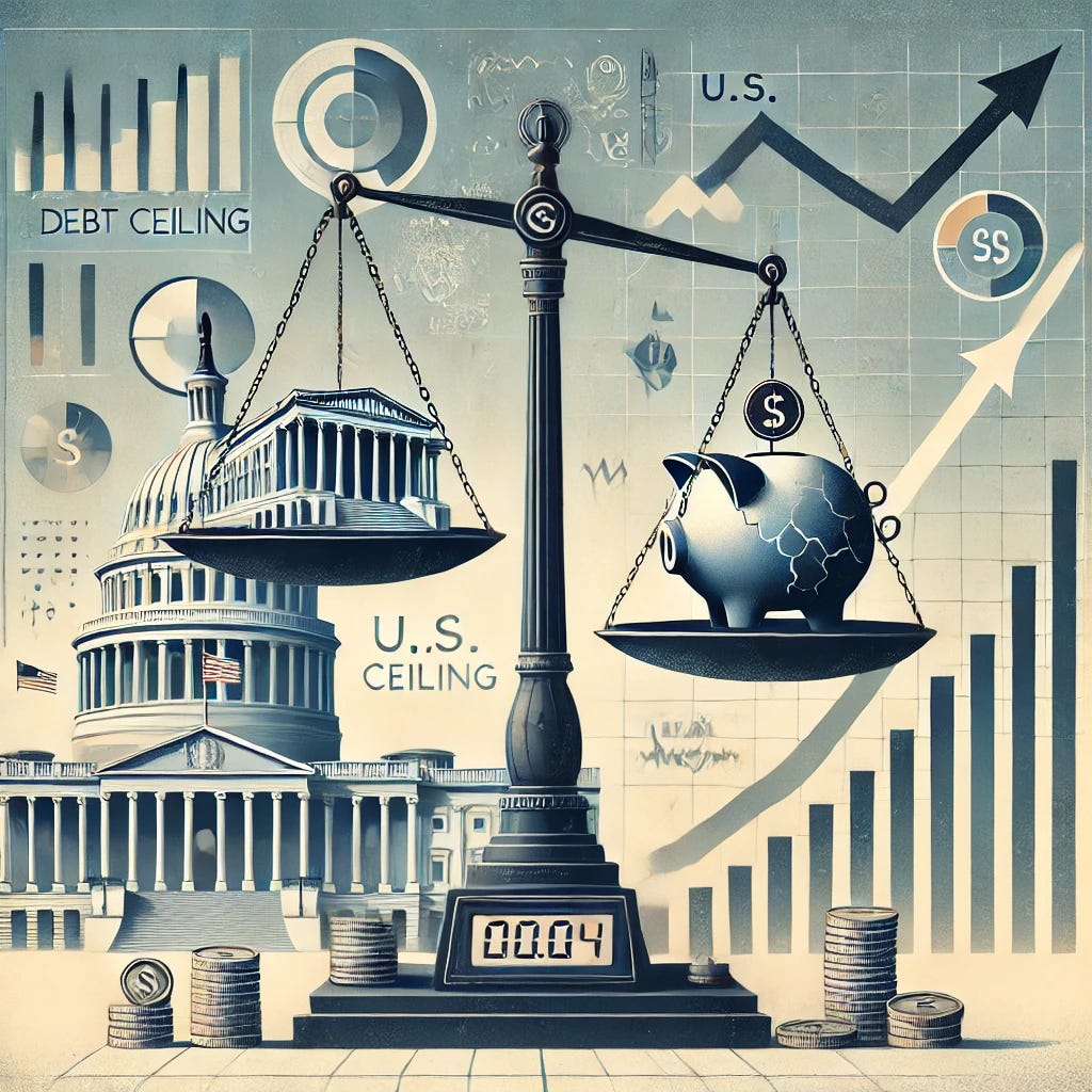 A professional and informative illustration representing the concept of the U.S. debt ceiling and its potential impact on the economy. The image features a scale with a U.S. Capitol building on one side and a stack of coins and a stock market graph on the other, symbolizing the balance between government borrowing and economic stability. A warning sign or cracked piggy bank below the scale represents the risks of a default. The background includes muted colors like blues and grays, with subtle symbols of politics and finance to create a serious yet accessible tone.