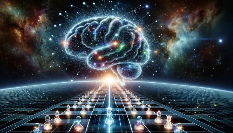 A digital artwork depicting a large, glowing brain hovering above a futuristic chessboard, symbolizing the fusion of artificial intelligence and strategic thinking.