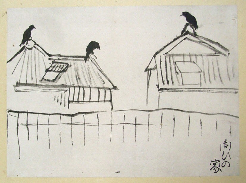 Line drawing of crows on rooftops