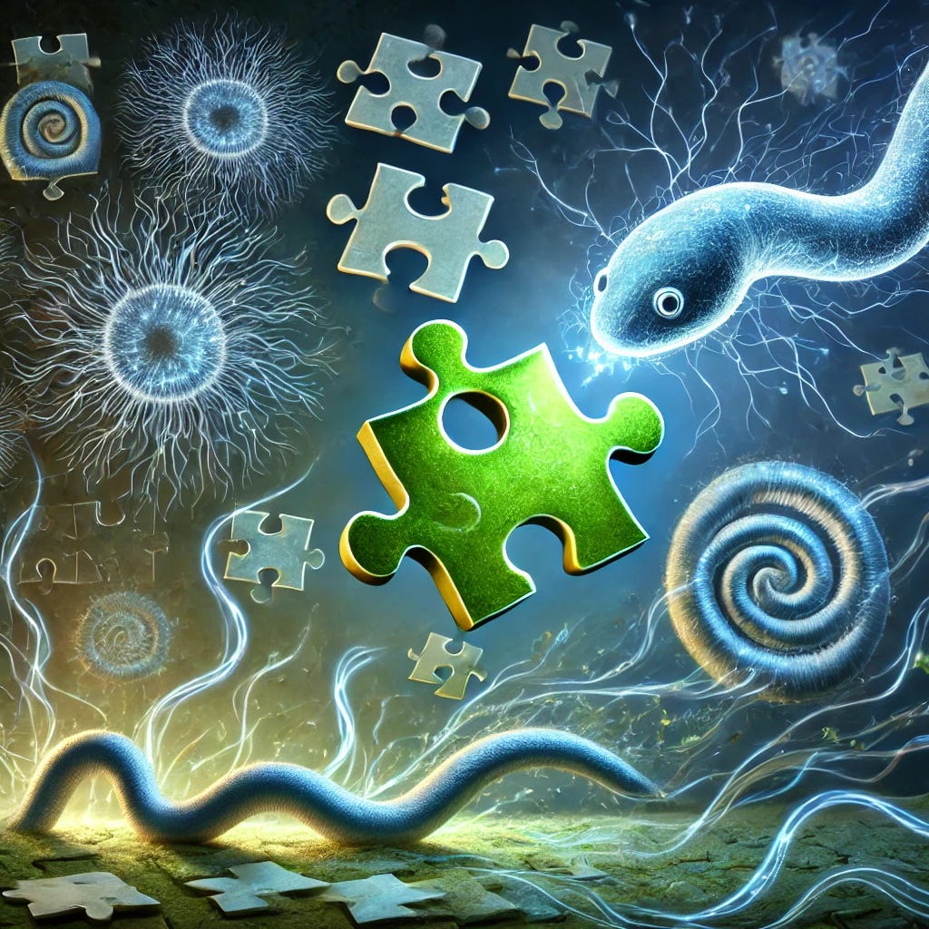 A dynamic and symbolic representation of bioelectricity-guided regeneration in simple organisms. The image features different types of simple organisms, such as flatworms, shown in various stages of regeneration with puzzle pieces actively fitting themselves into place. One puzzle piece is glowing as it slots in, symbolizing the active role of bioelectric signals in the process. The background transitions from dark to light, emphasizing discovery and completion. Visual elements like flowing lines or spark-like effects represent bioelectric currents connecting the puzzle pieces to the organisms. The color scheme is cool, with shades of blue and green, using glowing effects to highlight the active bioelectric currents. The overall image captures the concept of biological and technological fusion in a vibrant, dynamic scene.