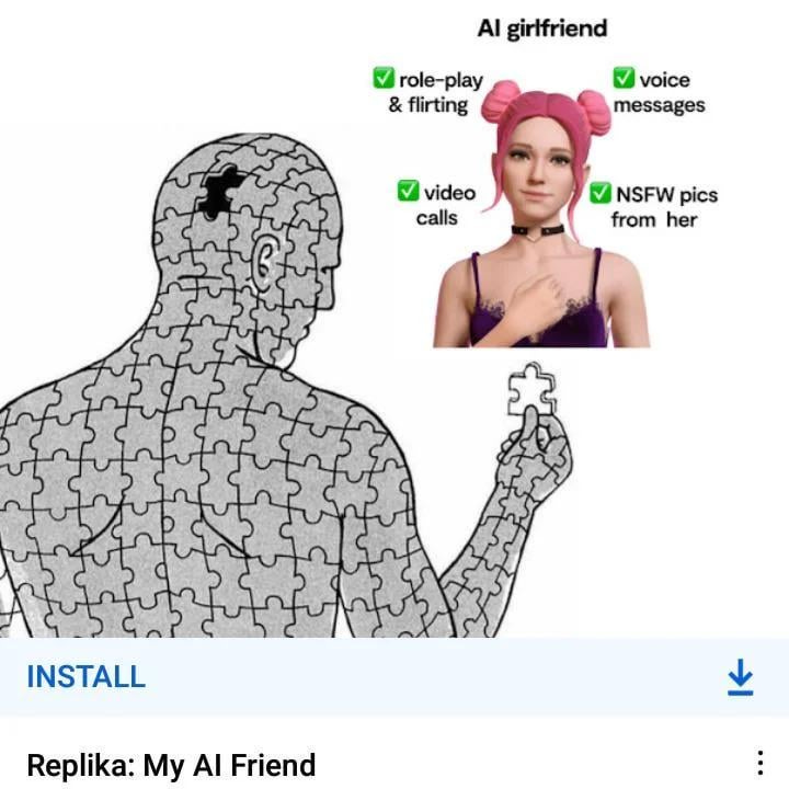 Meme style ad for Replika promoting features like "role play and flirting"