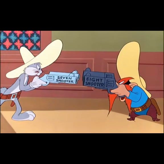 Bugs Bunny duel with Yosemite Sam, still frame 2.