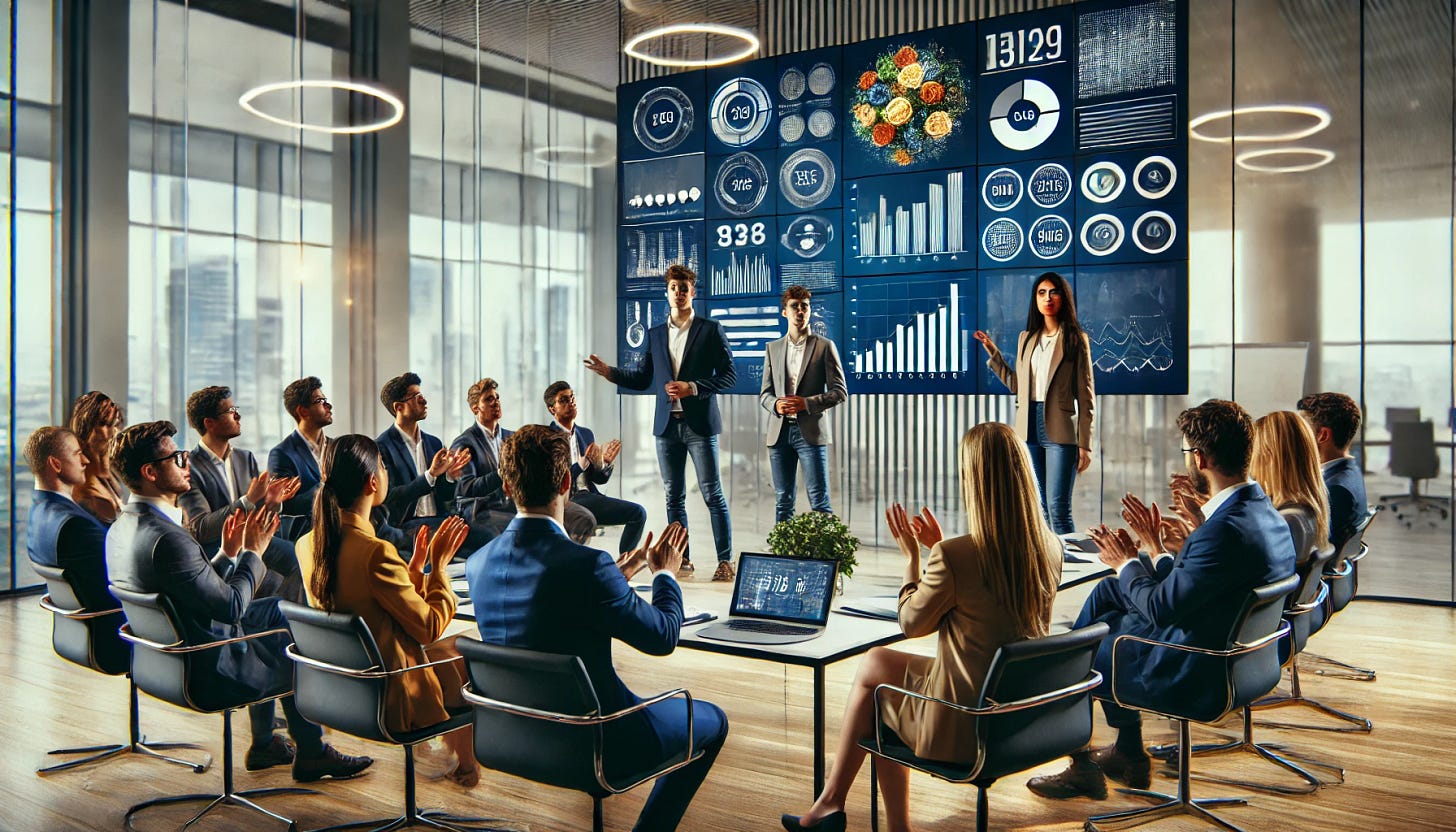 A group of startup founders pitching their business ideas to a panel of investors in a modern, well-lit conference room. The founders are diverse in age, gender, and ethnicity, passionately presenting their ideas using a large screen with graphs and product prototypes. The investors, dressed in formal business attire, are listening intently, some taking notes and others asking questions. The atmosphere is energetic and high-stakes, capturing the essence of a startup pitch competition.