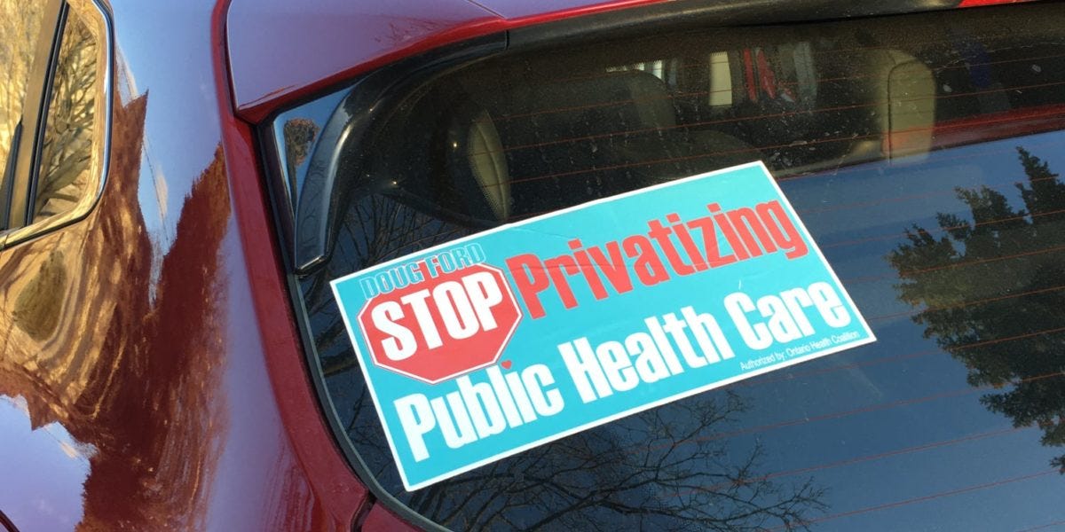 A photo of a car sticker opposing the privatization of healthcare from the Ontario Health Coalition Facebook page.