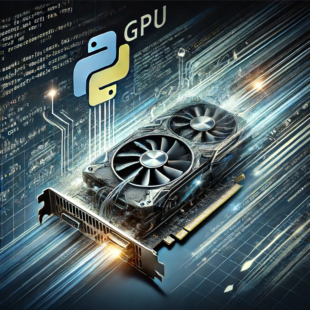 A visually compelling image representing the concept of 'GPUs in Python for accelerating computationally demanding processes' for a newsletter. The image features a dynamic composition with a computer GPU prominently displayed, surrounded by visual representations of code snippets in Python. In the background, abstract symbols of speed and efficiency, like arrows or light trails, enhance the sense of acceleration. The overall color scheme includes shades of blue and black, conveying a high-tech, professional look.